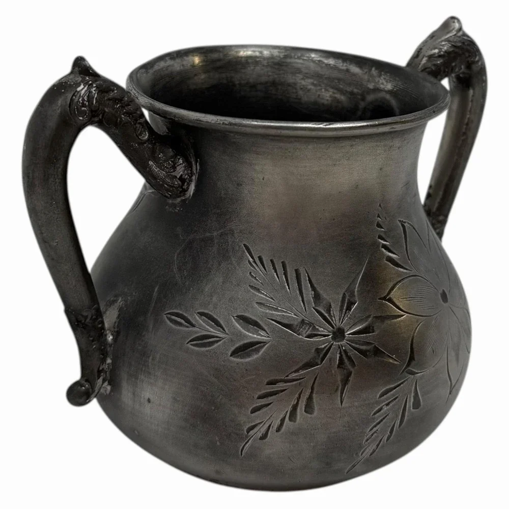 Antique Silver Plate Double Handle Sugar Bowl Floral Engraved Victorian Vessel